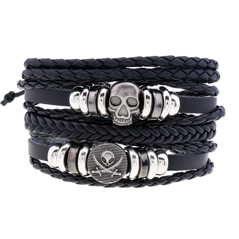 Men's Punk Retro Cowhide Leather Skull Bracelets Alloy Pirate Charms Multilayer Adjustable Braided Hand Jewelry