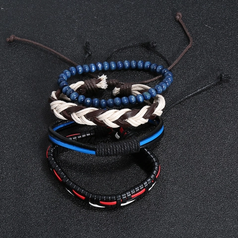 Herren Vintage Leder Armband Geflochtene Kordel Holzperlen Verstellbar Mehrschichtig Punk Handschmuck Geschenk Für Ehemann Freund