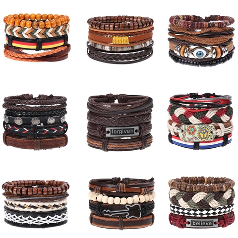 Bracelet en Cuir Tressé Vintage pour Hommes Femmes Bohémien Punk Fait à la Main Multicouche Charme Bijoux Cadeau