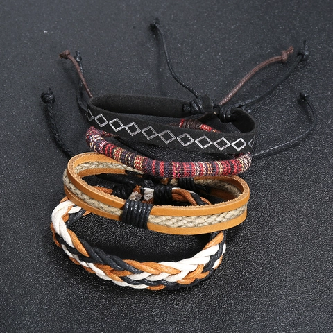 Braccialetti in Pelle Intrecciata Vintage Bohemien Etnico Tessuto Coulisse Multistrato Impilabile Bracciali Lega Ciondolo Perline di Legno Gioielli Uomo Donna