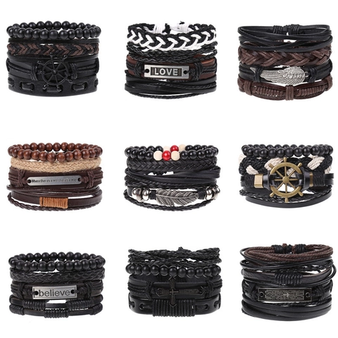 Bracelet en Cuir Tressé Vintage pour Hommes Femmes Bohémien Punk Fait à la Main Multicouche Charme Bijoux Cadeau