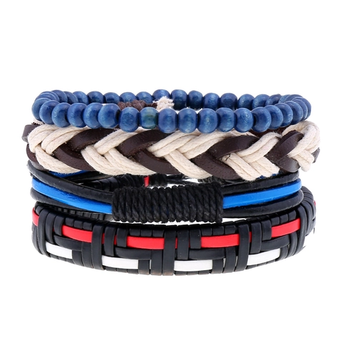 Herren Vintage Leder Armband Geflochtene Kordel Holzperlen Verstellbar Mehrschichtig Punk Handschmuck Geschenk Für Ehemann Freund