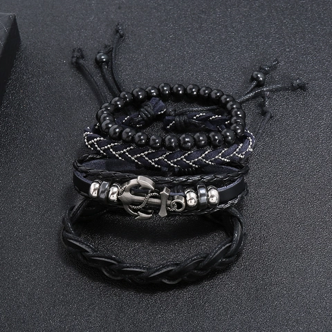 Men's Vintage Leather Bracelet Set Braided PU Cord Alloy Anchor Charm Multi-layer Beaded Nautical Jewelry For Men Fashion Wristband