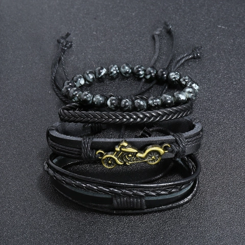 Bracciale da Uomo Multistrato in Pelle Vintage Ciondolo Moto Retrò Pelle di Vacchetta Intrecciata Punk Biker Cinturino Regolabile