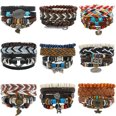 Vintage Multilayer Leather Woven Bracelet Bohemian Alloy Charm Leaf Heart Adjustable Hand Rope For Men Women Jewelry