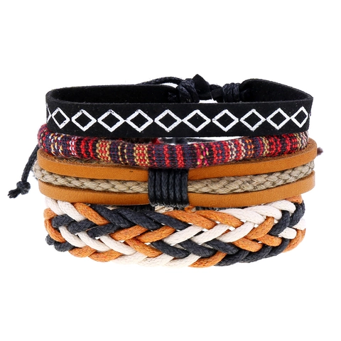 Braccialetti in Pelle Intrecciata Vintage Bohemien Etnico Tessuto Coulisse Multistrato Impilabile Bracciali Lega Ciondolo Perline di Legno Gioielli Uomo Donna