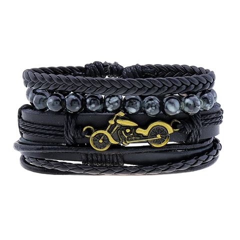 Bracciale da Uomo Multistrato in Pelle Vintage Ciondolo Moto Retrò Pelle di Vacchetta Intrecciata Punk Biker Cinturino Regolabile