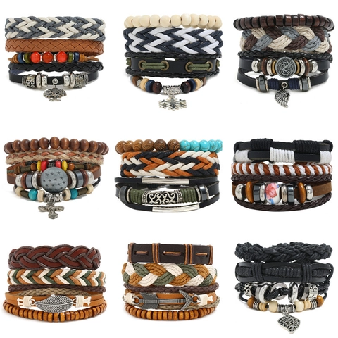 Vintage Multilayer Leather Woven Bracelet Bohemian Alloy Charm Leaf Heart Adjustable Hand Rope For Men Women Jewelry