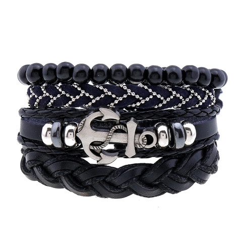 Men's Vintage Leather Bracelet Set Braided PU Cord Alloy Anchor Charm Multi-layer Beaded Nautical Jewelry For Men Fashion Wristband