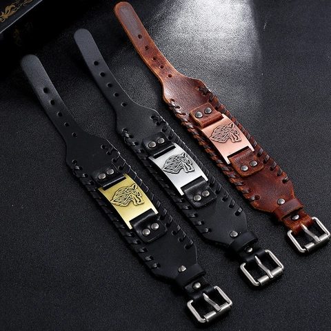 Vintage Viking Wolf Head Leather Bracelet For Men Punk Wide Braided Cuff Bracelet Nordic Celtic Style Wristband Men Jewelry