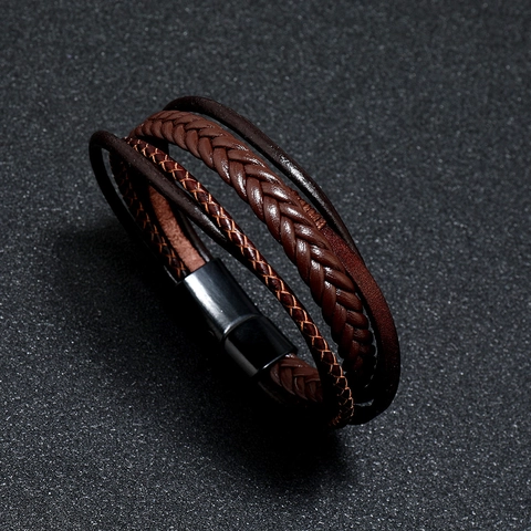 Pulsera de Cuero Trenzado de Varias Capas para Hombre Vintage Con Hebilla Magnética de Aleación Joyería de Mano Punk Casual Retro para Regalo de Hombre