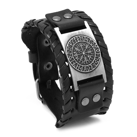 Vintage Nordic Viking Compass Braided Leather Bracelet For Men Punk Rune Vegvisir Alloy Rivet Adjustable Cuff Jewelry