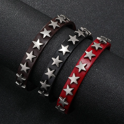 Pulsera Punk Retro de Piel de Vaca para Hombre Pentagrama de Aleación Estrella Remache Pulsera Rock Biker Joyería de Regalo