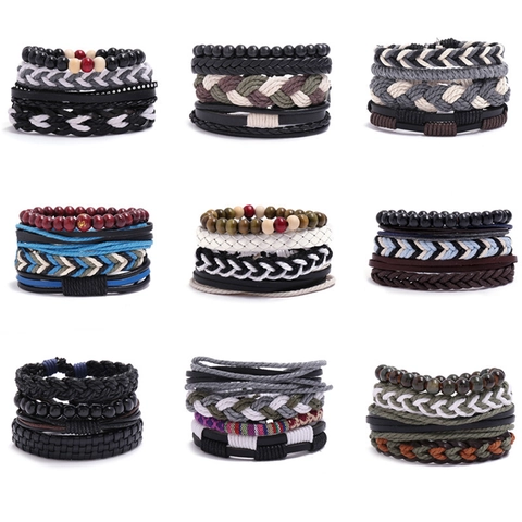 Bracciale Vintage Intrecciato a Mano Multistrato in Pelle Combinazione Boema Etnica Gioielli Regolabili Per Uomo Donna Moda