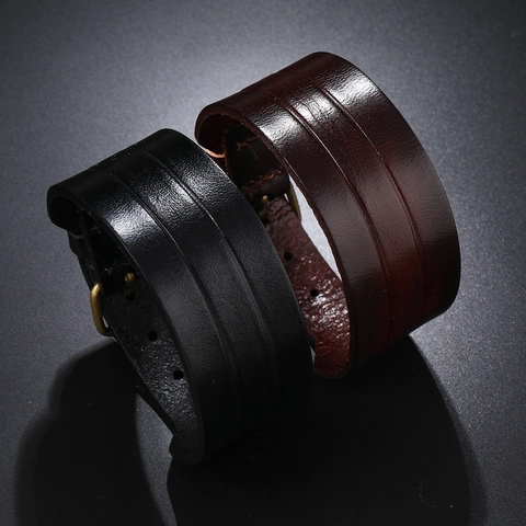 Bracelet en Cuir de Vachette Large pour Homme Rétro Fait Main Bracelet Punk Avec Boucle Métallique Réglable Manchette Vintage Biker