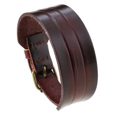 Bracelet en Cuir de Vachette Large pour Homme Rétro Fait Main Bracelet Punk Avec Boucle Métallique Réglable Manchette Vintage Biker