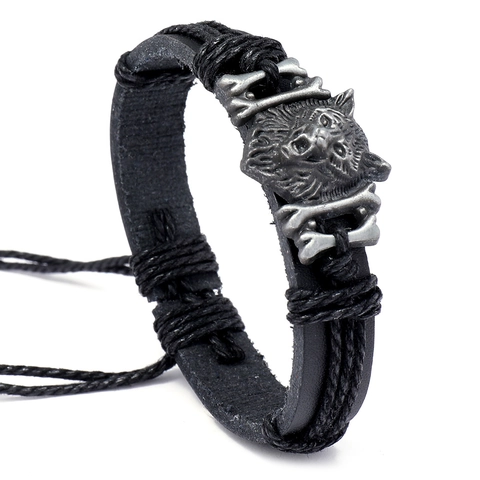 Vintage Wolf Head Punk Braided Genuine Leather Bracelet For Men Women Adjustable Retro Alloy Crossbones Charm Jewelry