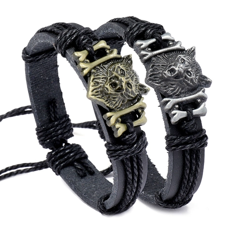 Vintage Wolf Head Punk Braided Genuine Leather Bracelet For Men Women Adjustable Retro Alloy Crossbones Charm Jewelry