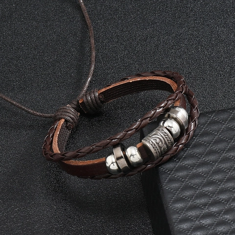 Vintage Multi-layer Braided Cowhide Leather Bracelet For Men Bohemian Bead Charm Adjustable Retro Hand Strap Jewelry