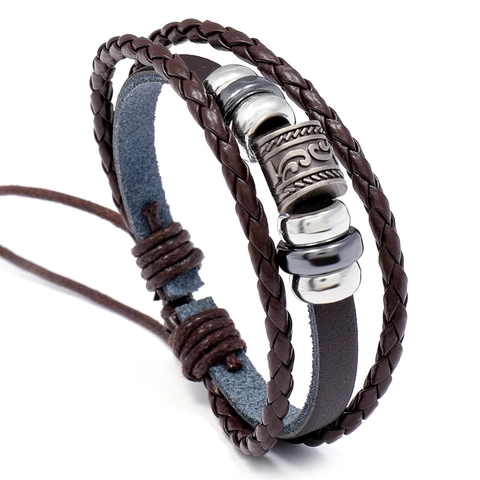 Vintage Multi-layer Braided Cowhide Leather Bracelet For Men Bohemian Bead Charm Adjustable Retro Hand Strap Jewelry