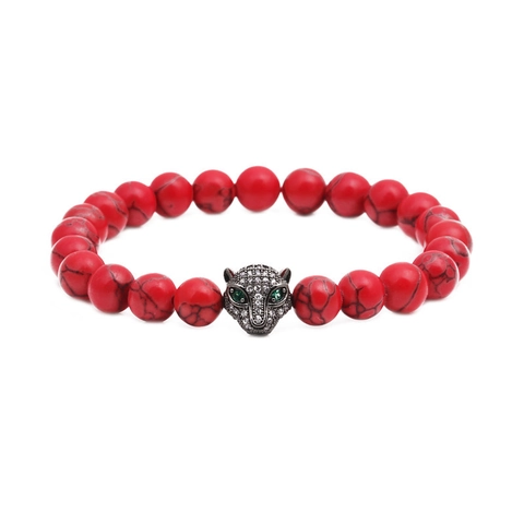 Leopard Head Beaded Bracelet Natural Stone Zircon Pave Animal Punk Elastic Bangle For Men Hip Hop Handmade Jewelry