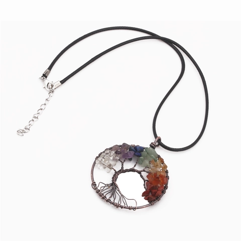 Handmade Tree Of Life Pendant Necklace Multi Color Natural Gravel 7 Chakra Stone Wire Wrapped Jewelry Bohemian Healing Gift