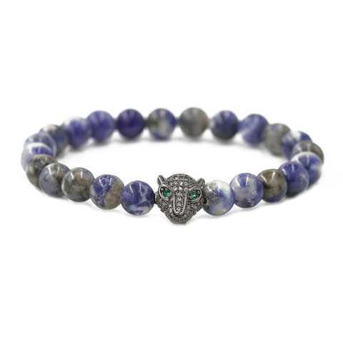 Leopard Head Beaded Bracelet Natural Stone Zircon Pave Animal Punk Elastic Bangle For Men Hip Hop Handmade Jewelry