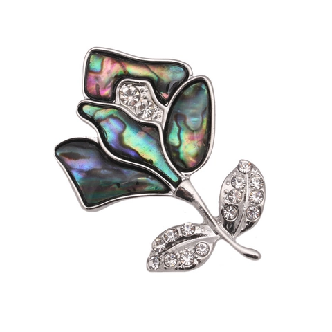 Broche de Rosa de Concha de Abulón Vintage para Mujer Aleación de Plata Strass Alfiler Floral para Banquete Boda Fiesta Accesorios