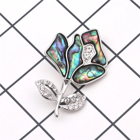 Broche de Rosa de Concha de Abulón Vintage para Mujer Aleación de Plata Strass Alfiler Floral para Banquete Boda Fiesta Accesorios