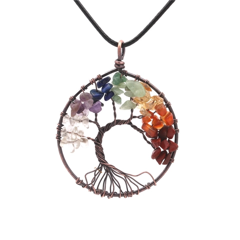 Handmade Tree Of Life Pendant Necklace Multi Color Natural Gravel 7 Chakra Stone Wire Wrapped Jewelry Bohemian Healing Gift