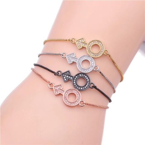 Zirconia Micro Pave Male Symbol Adjustable Bolo Bracelet For Women Alloy Gold Silver Black Rose Gold Box Chain Jewelry