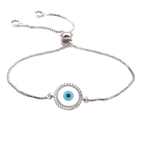 Kupfer Böser Blick Armband Mit Zirkonia Steinen Verstellbarer Gleitverschluss Box-Kette Silber Ton Modeschmuck Für Damen