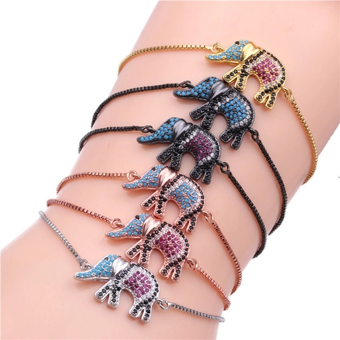 Moda Elefante Ciondolo Bracciale Regolabile Micro Intarsiato Multicolore Strass Rame Galvanico Cursore Bracciale Donna Gioielli