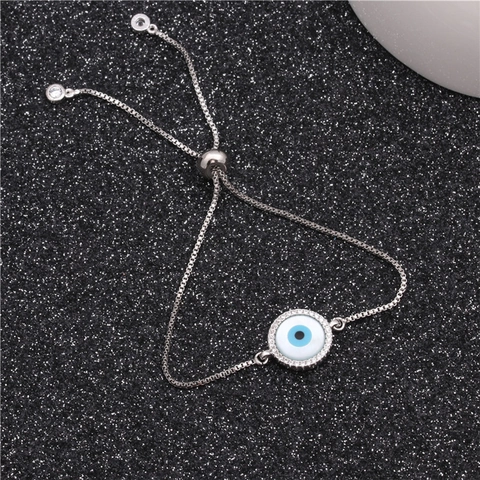 Kupfer Böser Blick Armband Mit Zirkonia Steinen Verstellbarer Gleitverschluss Box-Kette Silber Ton Modeschmuck Für Damen