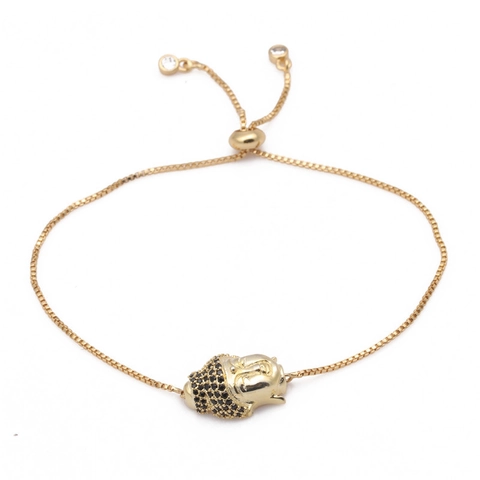 Pulsera de Dije de Cabeza de Buda Chapada en Oro para Mujer Cadena de Caja Bolo Ajustable Con Circonia Negra Joyería Regalo