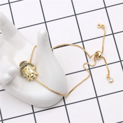 Pulsera de Dije de Cabeza de Buda Chapada en Oro para Mujer Cadena de Caja Bolo Ajustable Con Circonia Negra Joyería Regalo