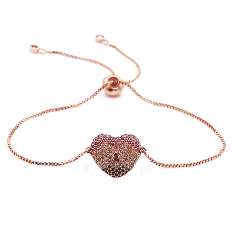 Moda Concha Corazón Cerradura Colgante Pulsera Ajustable Colorido Diamante De Imitación Micro Pavé Cadena De Caja Pulsera Para Mujer Joyería Regalo