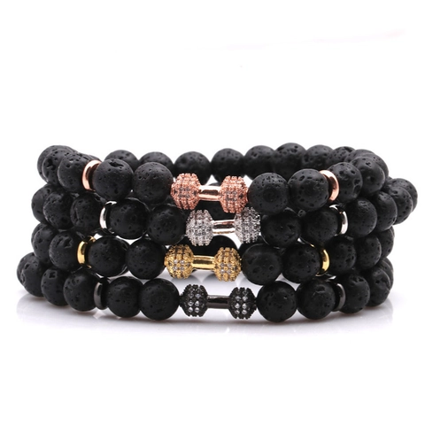 Lava Stone Dumbbell Bracelet With Zirconia Alloy Fitness Beaded Elastic Bracelet For Men Women Gift Jewelry