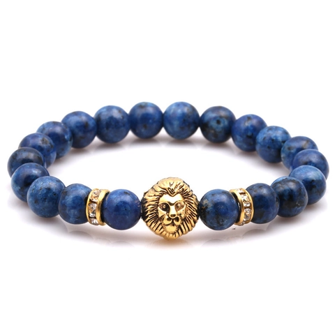 Vintage Lion Head Natural Stone Beaded Bracelet Punk Alloy Rhinestone Stretch Bracelet Fashion Jewelry For Men Women Unisex