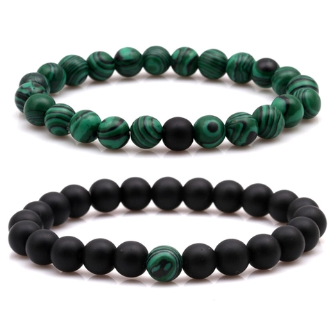 Natural Stone Beaded Bracelet For Women Men Matte Black Green Malachite Pattern Elastic Stretch Bracelet Fashion Jewelry Gift