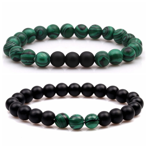 Natural Stone Beaded Bracelet For Women Men Matte Black Green Malachite Pattern Elastic Stretch Bracelet Fashion Jewelry Gift