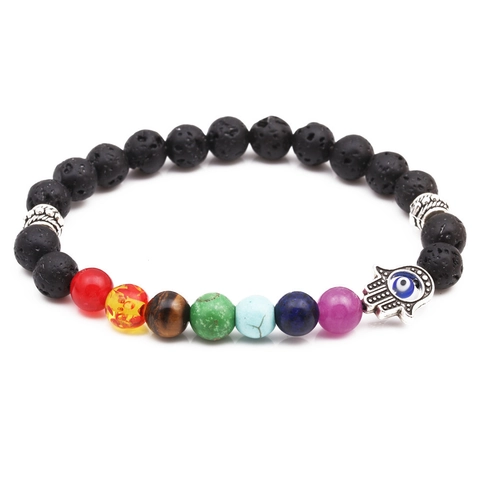 Natural Lava Stone Beaded Bracelet 7 Chakra Healing Energy Protection Hamsa Hand Evil Eye Alloy Beads Elastic Bracelet