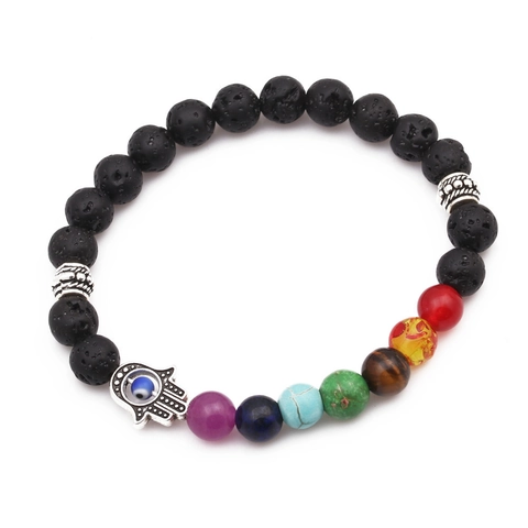 Natural Lava Stone Beaded Bracelet 7 Chakra Healing Energy Protection Hamsa Hand Evil Eye Alloy Beads Elastic Bracelet