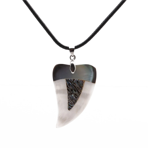 Vintage Κολιέ με Μενταγιόν Δόντι Λύκου Abalone Shell Με Μαύρο Κορδόνι Ethnic Φίλντισι Κοσμήματα για Άνδρες Γυναίκες