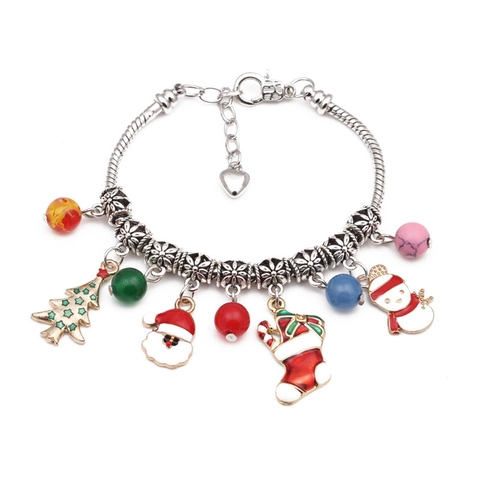 Bracciale a Perline di Natale Agata Naturale Lega Smalto Babbo Natale Pupazzo di Neve Albero di Natale Gioielli per Donna Bambini