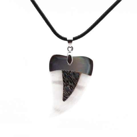 Vintage Κολιέ με Μενταγιόν Δόντι Λύκου Abalone Shell Με Μαύρο Κορδόνι Ethnic Φίλντισι Κοσμήματα για Άνδρες Γυναίκες
