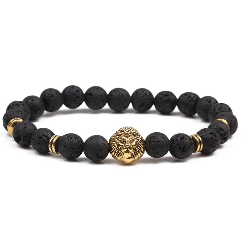 Natural Black Lava Stone Beaded Bracelet With Gold Silver Lion Head Buddha Decor For Men Classic Retro Style Accessories