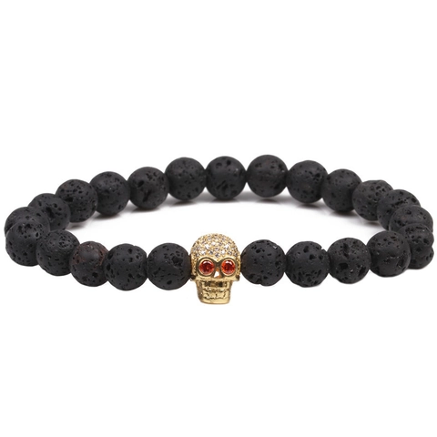 Punk Gothic Totenkopf Perlenarmband Natürlicher Schwarzer Lavastein Strass Eingelegt Legierung Unisex Mode Schmuck Armband