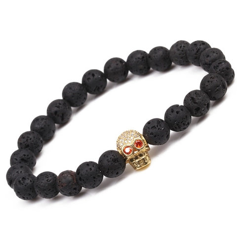Punk Gothic Totenkopf Perlenarmband Natürlicher Schwarzer Lavastein Strass Eingelegt Legierung Unisex Mode Schmuck Armband