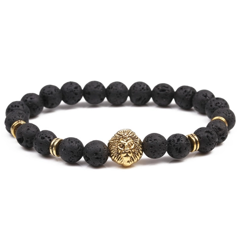 Natural Black Lava Stone Beaded Bracelet With Gold Silver Lion Head Buddha Decor For Men Classic Retro Style Accessories